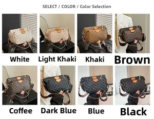 Detailed grid view showing eight color options of the printed three-in-one crossbody bag