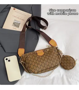 Three-in-one brown monogram crossbody bag set with wide nylon strap and coin purse