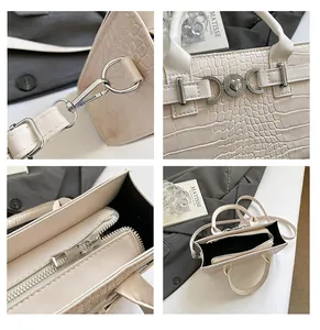 Detailed views of cream faux crocodile texture bag with silver heart buckle and metal zip