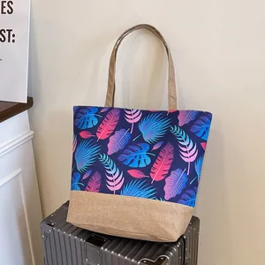 Large Capacity Canvas Jute Tote Bag For Women Tropical Floral Plant Print Single Shoulder Beach Bag Leisure Shopping Handbag