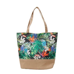 Tropical parrot and monstera leaf print canvas tote bag with beige top handles