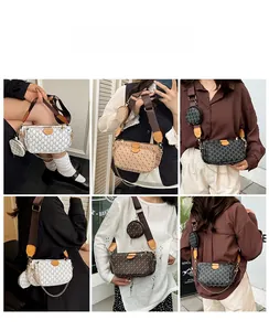 Detailed views of vintage multi-pouch shoulder bag with adjustable wide strap and chain