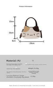 Detailed size specifications for the cartoon cat PU handbag with adjustable shoulder strap