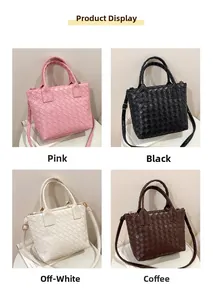 Collage of woven leather bucket bags in pink, black, white, and brown with gold hardware