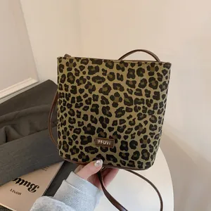 Women's Leopard Print Canvas Bucket Bag Vintage Crossbody Shoulder Bag With Synthetic Leather Strap Casual Tote Handbag