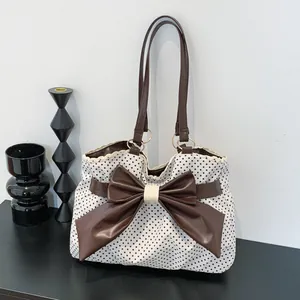 Vintage Polka Dot Tote Bag For Women Large Capacity Shoulder Bag With Large Bowknot And Lace Trim Fashion Commuter Handbag