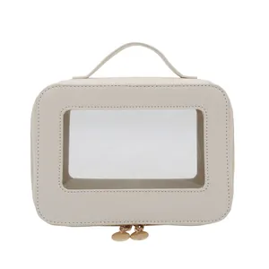 Minimalist cream waterproof square handbag with transparent window and gold zippers