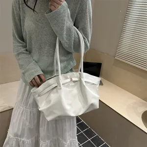 Chic white oil wax leather tote bag with pleated design for commuting and daily wear