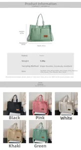 Detail view of canvas tote bag dimensions 34x25x13cm and multiple color options