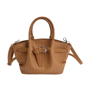 Brown woven texture bucket bag with dual handles and detachable shoulder strap for women
