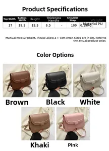 Paramètres de taille détaillés et cinq options de couleur pour ce sac carré en cuir PU