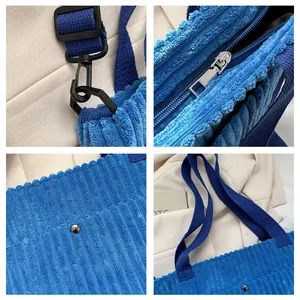 Dettagli della borsa tote in velluto blu con cerniera, fibbia magnetica e tracolla regolabile