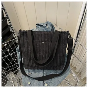 Dettaglio della borsa tote in velluto a coste nero con trama rigata e chiusura magnetica