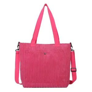 Borsa tote chic in velluto a coste rosa con tracolla regolabile e tasca esterna