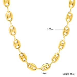 Collier grain de café en acier doré 18k longueur 60cm et chaîne de 8mm large