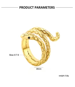 Detailed product parameters of golden snake ring with black stone eyes and scale texture
