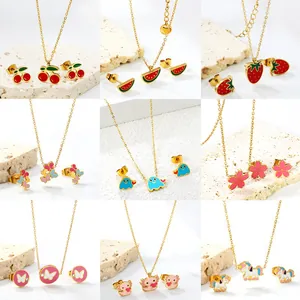 Stainless Steel Enamel Jewelry Set Cute Fruit Animal Butterfly Necklace Stud Earrings Fashion Accessory For Women Kids