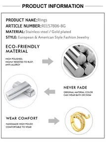 Detailed view of snake ring with gold plating, scale texture and rust-proof steel material