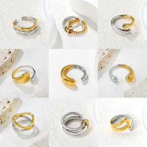 Minimalistischer Edelstahl Zweifarbig Gemischt Farbe Offener Ring Für Damen 18K Vergoldet Geometrisch Verstellbarer Schmuck