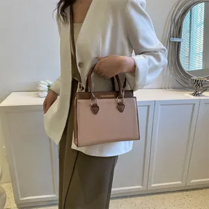 Minimalist beige and brown color-block crossbody tote bag with Fashion & Bag letter print