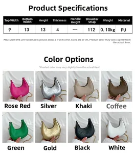 Detailed size guide and color options for the mini crescent chain crossbody bag