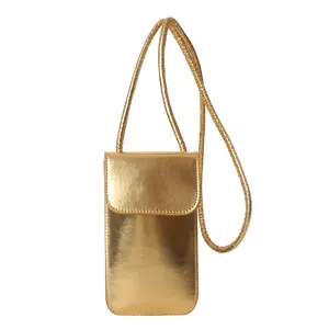 Elegant gold metallic mini crossbody phone bag with rectangle flap and slim shoulder strap