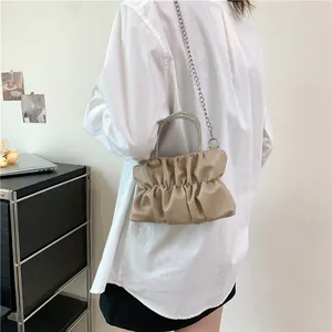 Khaki pleated cloud bag with rhinestone handle and silver chain strap for women