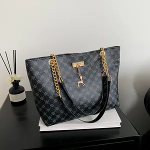 Women Fashion Tote Bag PU Leather Geometric Diamond Pattern Large Capacity Handbag Gold Chain Strap Deer Charm Office