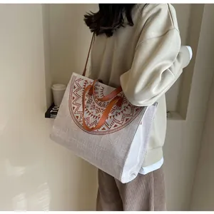Detailed shot of large canvas tote bag featuring geometric print and leather straps