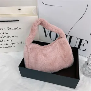 Sac à Bandoulière en Peluche pour Femmes Sac à Main Carré en Fausse Fourrure Sac Hobo d'Hiver Couleur Unie pour le Quotidien