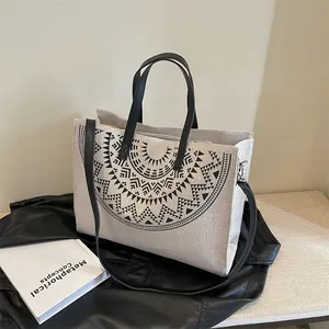 Women Retro Geometric Print Tote Bag Linen Canvas Large Capacity Shoulder Crossbody Bag Fashion Daily Handbag Travel Bag