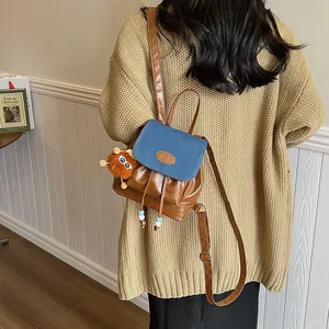 Women Korean Fashion Mini PU Leather Backpack Small Travel Casual Daypack With Furry Monster Pendant Retro Color Block Bag