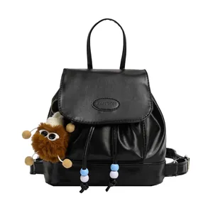Minimalist black PU leather backpack with drawstring closure and fashion logo for travel