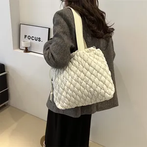 Quilted white cloud shoulder bag with wide strap, fashionable large capacity tote for women