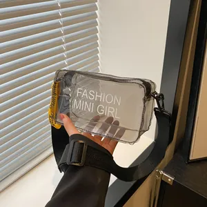 Women Fashion Transparent PVC Jelly Bag Letter Print Mini Crossbody Bag Small Shoulder Square Bag Street Style Handbag