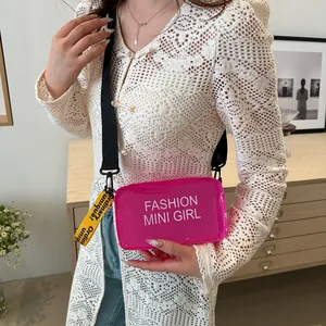Mini rose pink jelly saddle bag with adjustable strap and fashion lettering print
