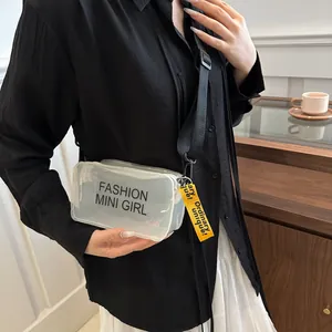 Transparent PVC mini saddle bag with fashion mini girl text and yellow lettered strap