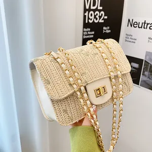Women Fresh Straw Woven Crossbody Bag With Flower Embroidery Gold Chain Strap Small Summer Beach Shoulder Saddle Bag