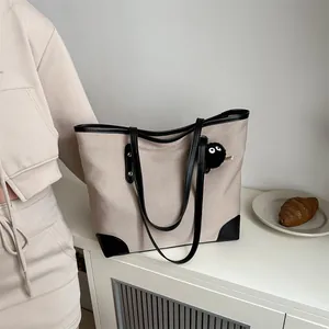 Bolso Tote de Lona para Mujer de Gran Capacidad Ribete de Cuero en Contraste Minimalista Bolso de Hombro para Viaje Diario Moda Coreana