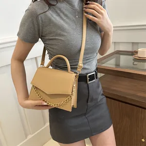 Khaki mini crossbody bag with gold chain decoration and crocodile embossed pattern