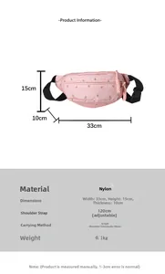 Pink floral nylon fanny pack with size specs and adjustable 120cm shoulder strap