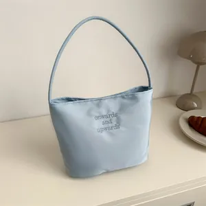 Women's Minimalist Nylon Satin Bucket Bag Letter Embroidered Underarm Shoulder Bag Lightweight Handbag For Daily Ladies Purse