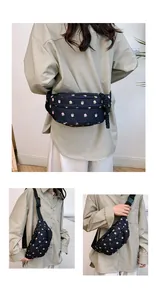 Detail of floral waist bag showing adjustable strap and buckle worn in different ways