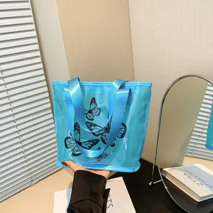 Fashion Transparent PVC Jelly Tote Bag With Butterfly Print Large Capacity Waterproof Summer Beach Shoulder Handbag Women