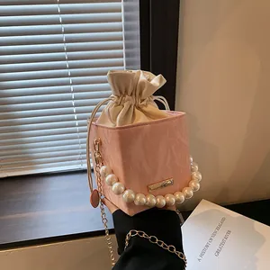 Fashion Wrinkled PU Leather Bucket Bag For Women Elegant Artificial Pearl Handle Golden Chain Shoulder Bag Drawstring Square Crossbody Bag