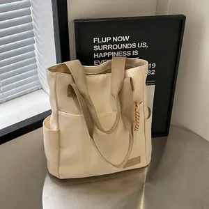 Large Capacity Canvas Tote Bag For Men Women Japanese Casual Shoulder Crossbody Bag With Side Pockets Fashion Student Bag