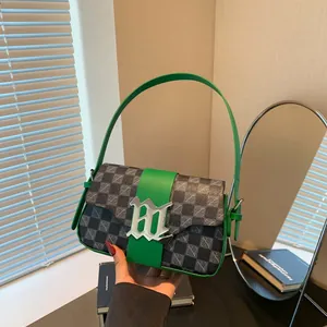 Borsa a Spalla Donna Sottobraccio in Pelle PU a Scacchiera Con Fibbia in Metallo Retro Modello a Griglia Borsa a Tracolla