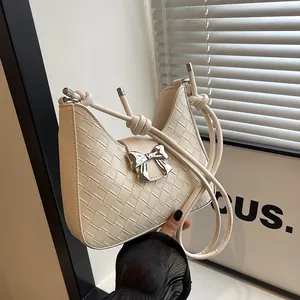 Women Woven PU Leather Underarm Bag With Metal Bowknot Crescent Shoulder Bag Knotted Strap Elegant Commuter Hobo Handbag