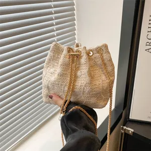 Women Fashion Woven Bucket Bag Floral Embroidery Drawstring Crossbody Bag With Gold Chain Strap Artificial Pearl Decoration