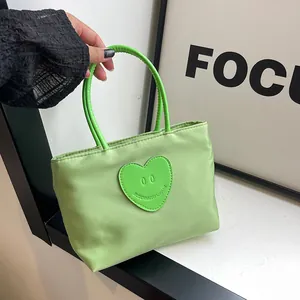 Women Canvas Mini Tote Bag With Heart Smiley Face Patch Fashion Streetwear Handbag For Daily Commuting Students Gifts